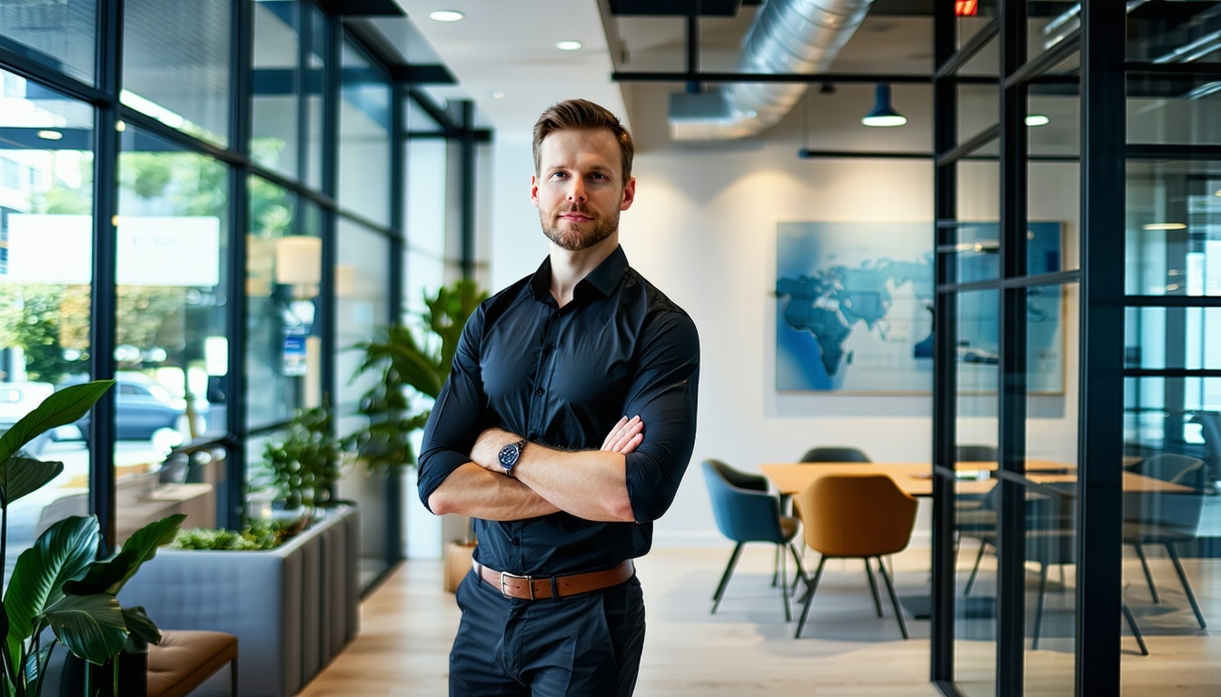 A Dutch professional stands confidently in the foreground exuding a sense of approachability and expertise Behind them the office space is characterized by a contemporary design featuring clean lines large glass windows that invite natural light and