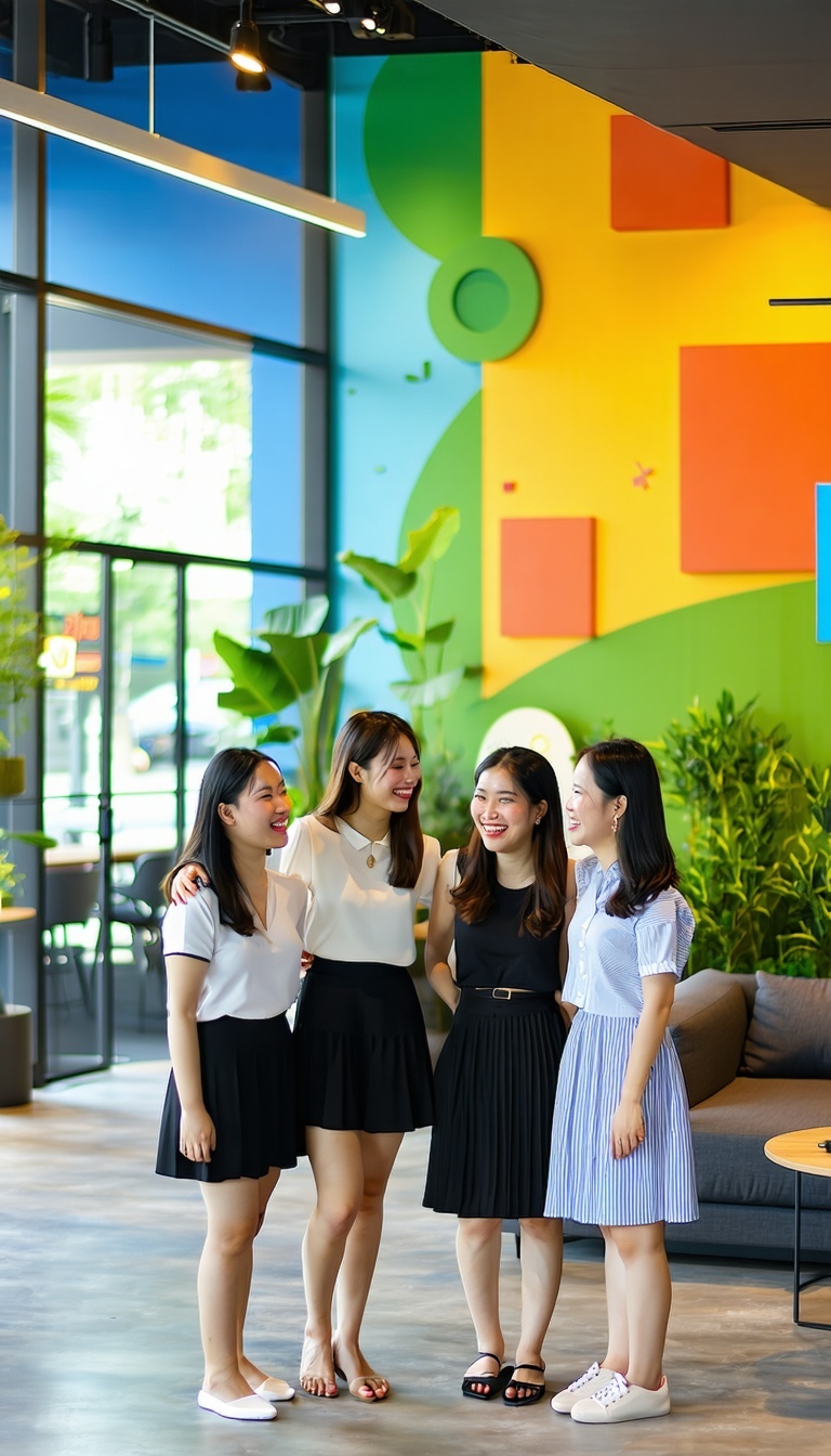 A group of warm and welcoming Thai women stands in front of a modern lively office space that exudes a dynamic and innovative atmosphere reminiscent of Microsofts creative work culture The office features large colorful murals and open collaborative