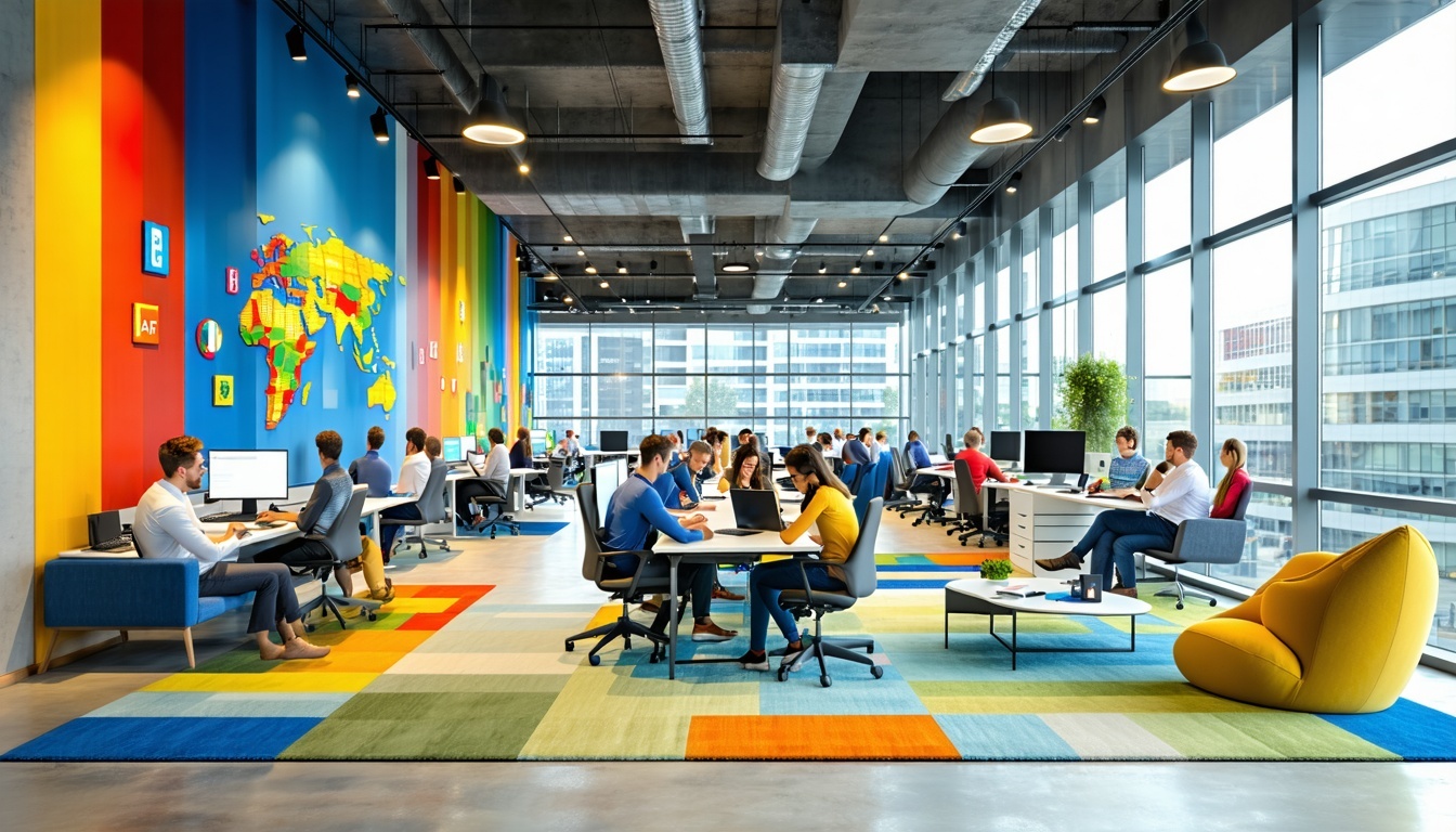 The modern office space bathed in natural light from expansive windows showcases an open layout that promotes teamwork and interaction among employees The vibrant Google colorsblue red yellow and greenare creatively integrated into the furniture and-1