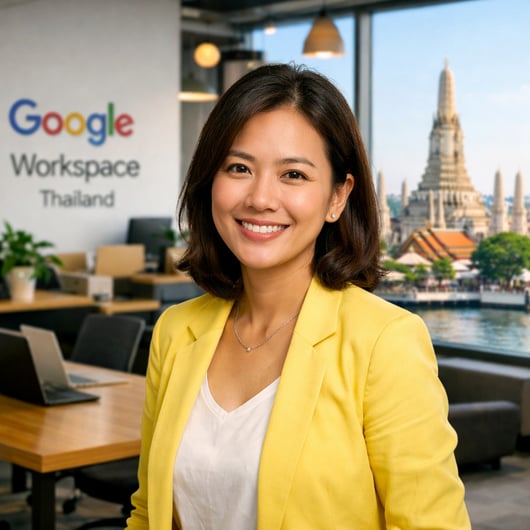 photographic Google Workspace Thailand A Thai women looking friendly into the camera Shes in a new open office with a hint of Thailand in the backgrou