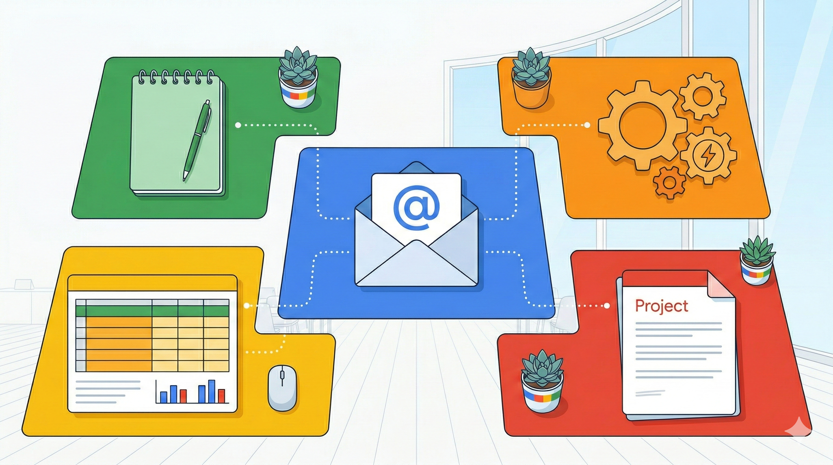 Flat design bird's-eye view of a workspace with five distinct zones for email, notebook, spreadsheet, document and automation, connected by dotted lines