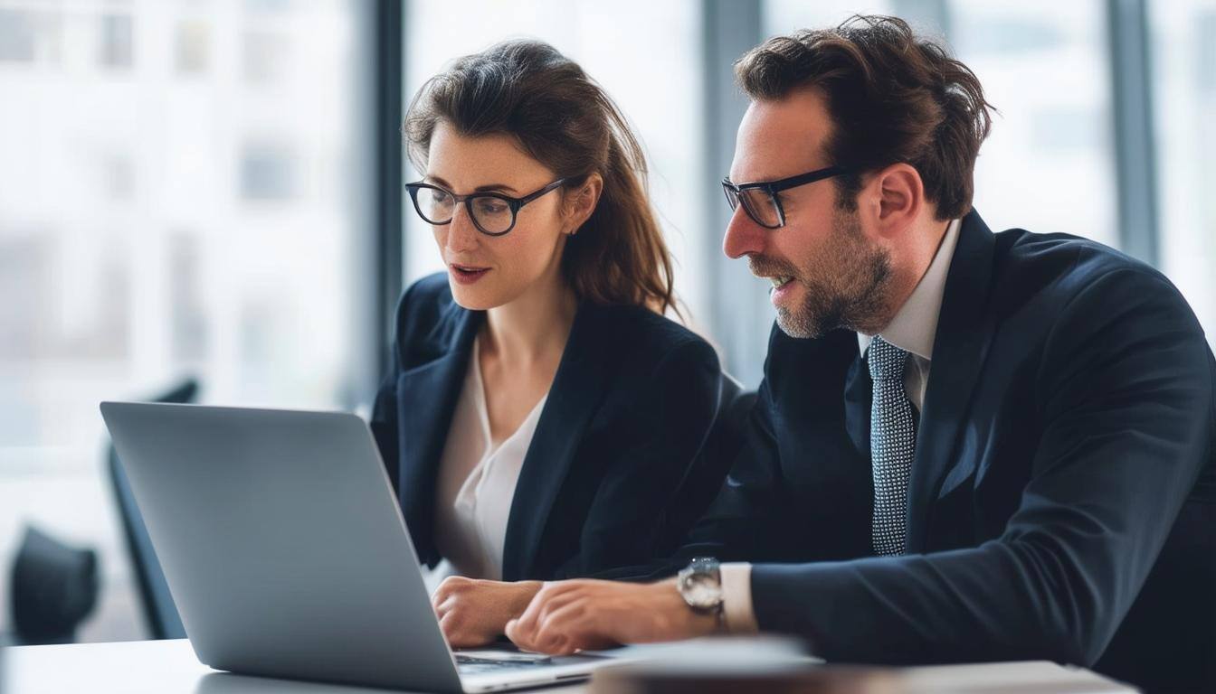 2 business people interacting behind a laptop