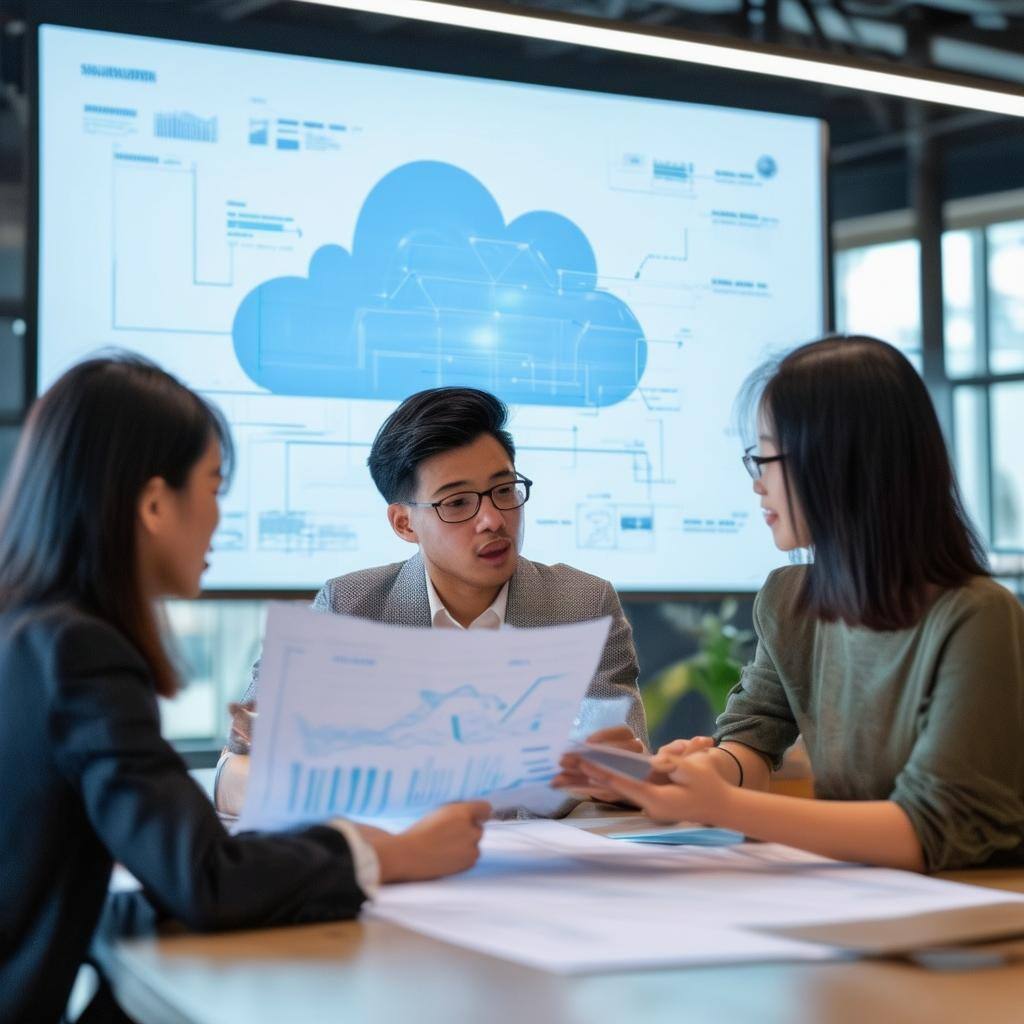 3 people discussing a cloud blueprint at the table, 2 asian women and one man