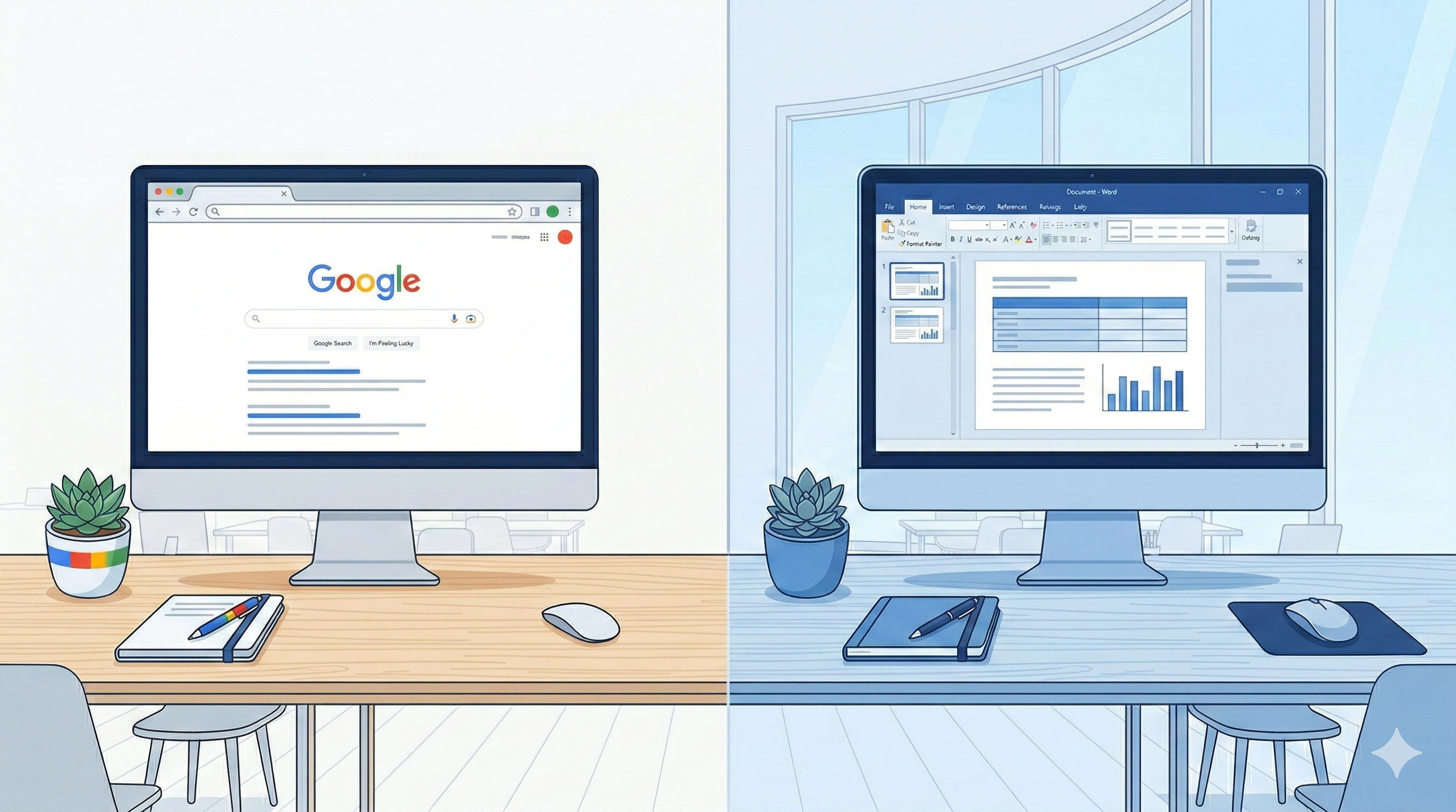 Flat design split-screen illustration with Google-style colors on the left and Microsoft blue tones on the right, representing a platform comparison