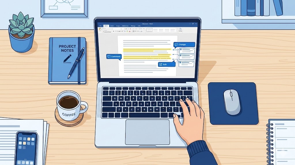 Flat design illustration of a modern office desk with a laptop showing document edit suggestions, representing Microsoft 365 Copilot Agent Mode