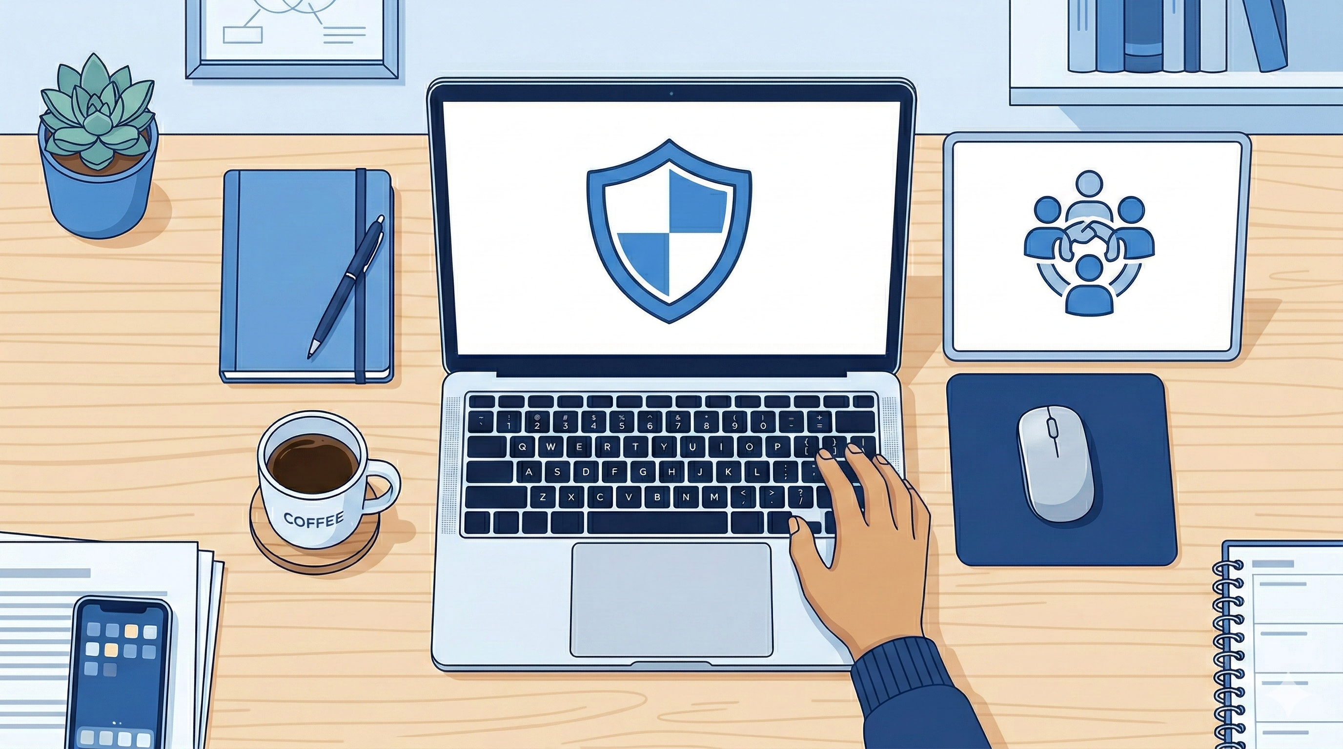 Flat design illustration of two laptops side by side, one showing a security shield icon and one showing a collaboration icon, representing Microsoft 365 plan comparison