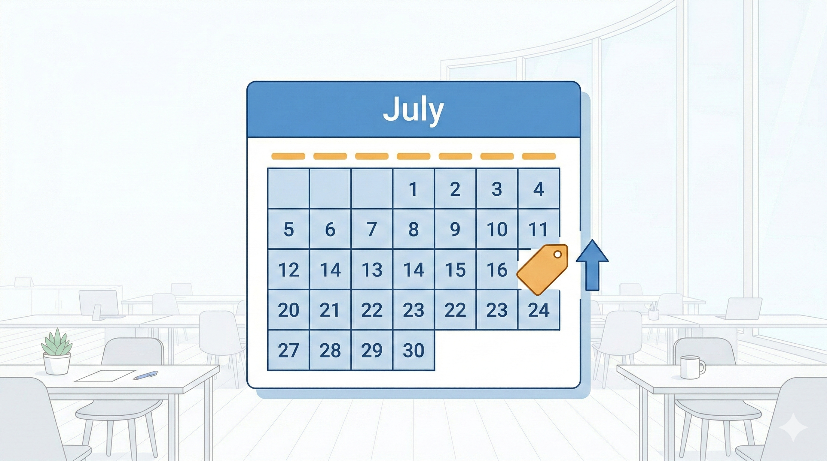 Flat design illustration of a calendar page showing July with an upward arrow next to a price tag symbol in blue and amber tones